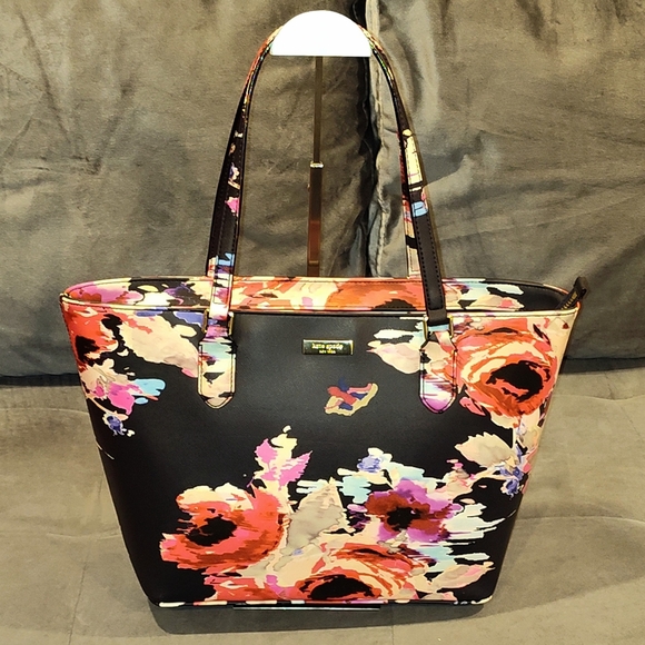 KATE SPADE NEW YORK SMALL TALLY BLURRY FLORAL LAUREL WAY BLACK TOTE & WALLET - Picture 2 of 16